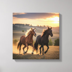 Laufend Frei bei Sonnenuntergang – Wildpferd-Duo-W Leinwanddruck