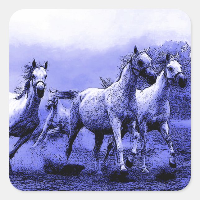 Laufende Pferde und blauer Mondlicht Quadratischer Aufkleber (Vorderseite)