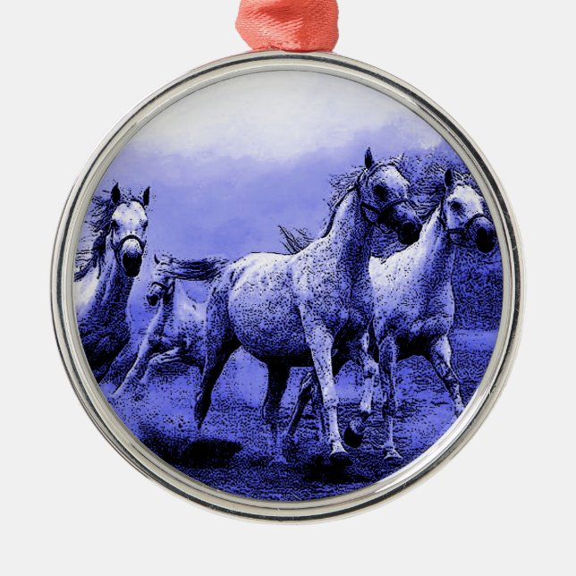 Laufende Pferde und blauer Mondlicht Silbernes Ornament (Vorne)