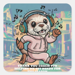 Laufende Seeotter mit Sweatsuit & Earbuds Quadratischer Aufkleber