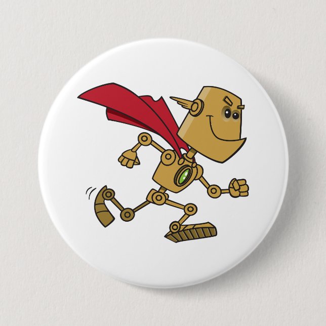 Laufender Robot-Superhelden-Cartoon-Charakter Button (Vorderseite)