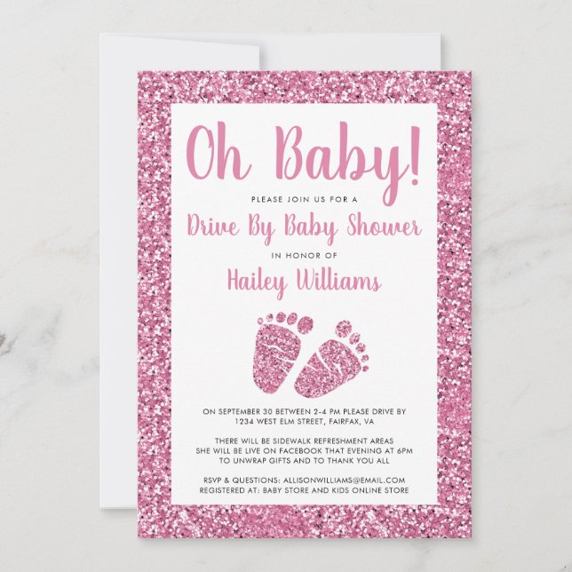 Laufwerk by Oh Baby Pink Glitzer Feet Baby Dusche Einladung (Vorderseite)