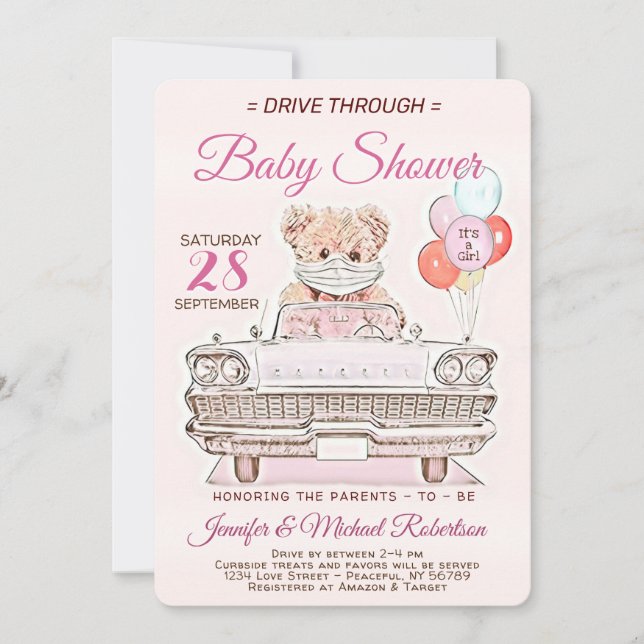 Laufwerk durch Babydusche für ein Mädchen Einladung (Vorderseite)