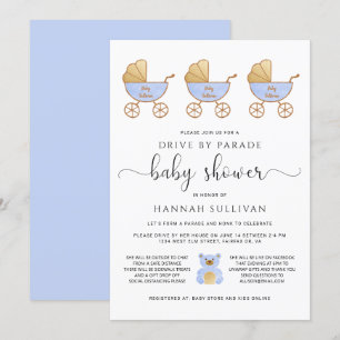 Laufwerk mit Baby Boy Dusche   Retro Carriage Blue Einladung