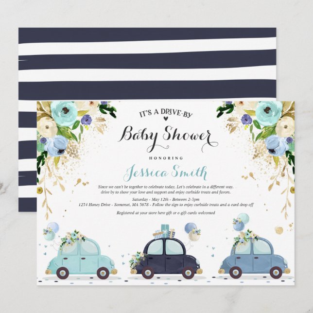 Laufwerk mit Babydusche Einladung Blauer Blumendus (Vorne/Hinten)