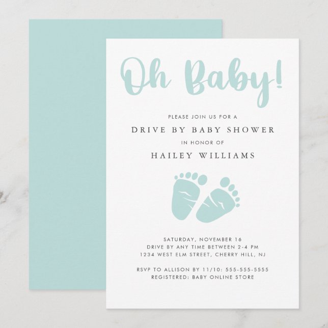 Laufwerk mit Babydusche | Oh Baby Feet Mint Einladung (Vorne/Hinten)