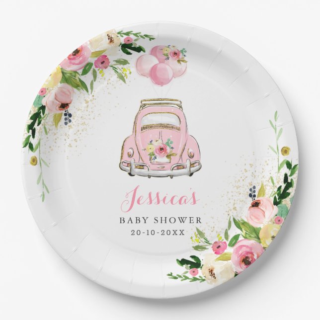 Laufwerk mit Babydusche rosa, florale Papierplatte Pappteller (Vorderseite)