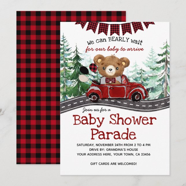 Laufwerk mit Lumberjack Bear Baby Dusche Einladung (Vorne/Hinten)