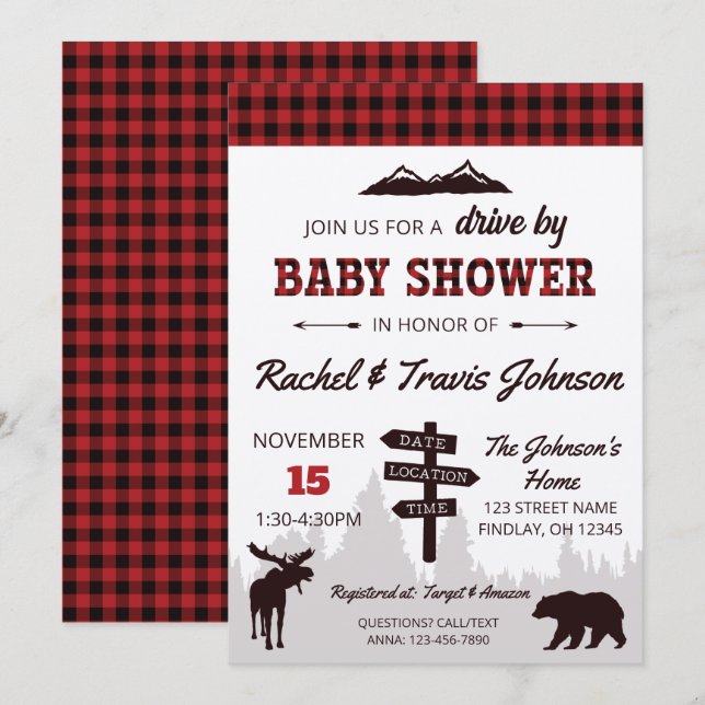 Laufwerk mit Red Buffalo Karierte Babydusche Einladung (Vorne/Hinten)