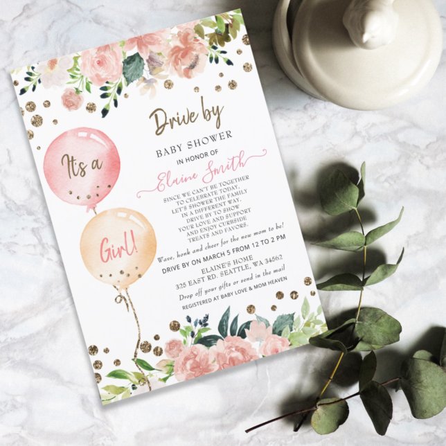 Laufwerk von Balloons Pink Floral Girl Babydusche Einladung (Von Creator hochgeladen)