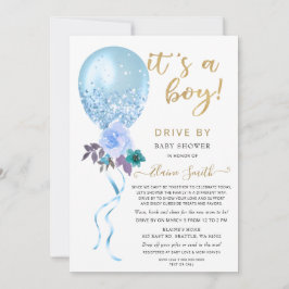 Laufwerk von Floral Balloon Blue Glitzer Baby Show Einladung