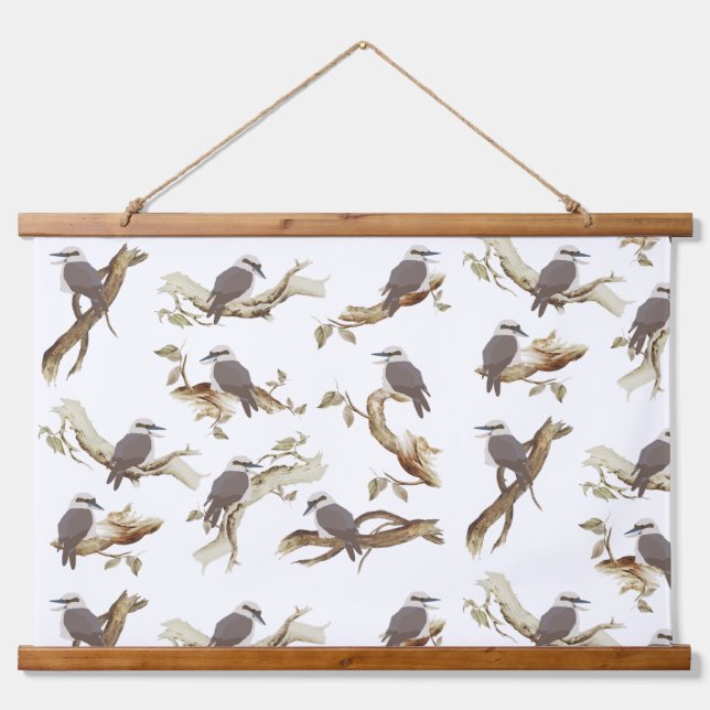 Laughing Kookaburra Australian Bird Eucalyptus Wandteppich Mit Holzrahmen (Vorne)