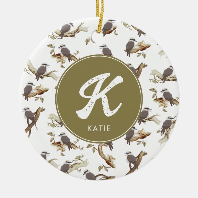 Laughing Kookaburra Australian Eucalyptus Monogram Keramik Ornament (Vorne)