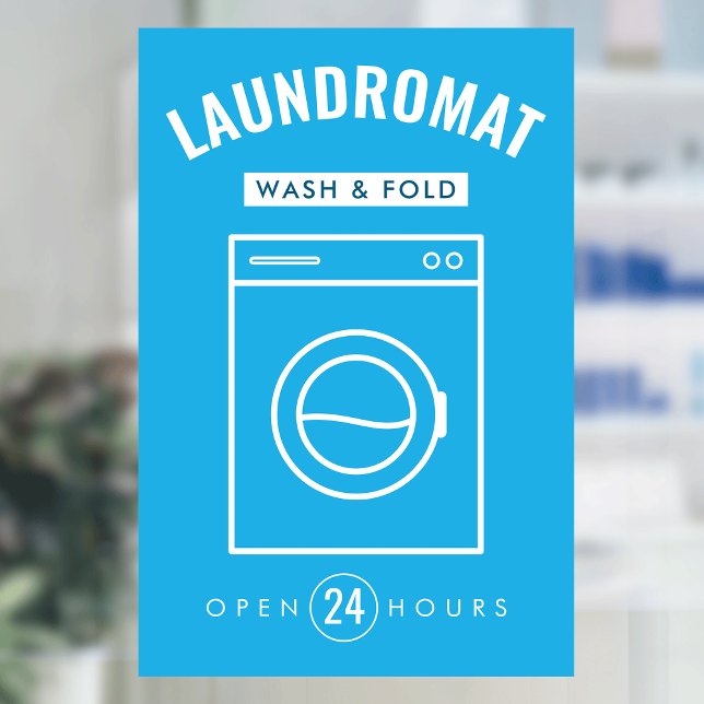 Laundromat 24/7 Wash and Fold Service Blue & White Fensteraufkleber (Fully editable modern laundromat window cling sign in blue and white)
