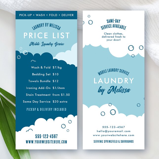 Laundry Service Dry Cleaner Price List Blue White Werbekarte (Modern blue and white mobile laundry service price list with fully editable text and colors)