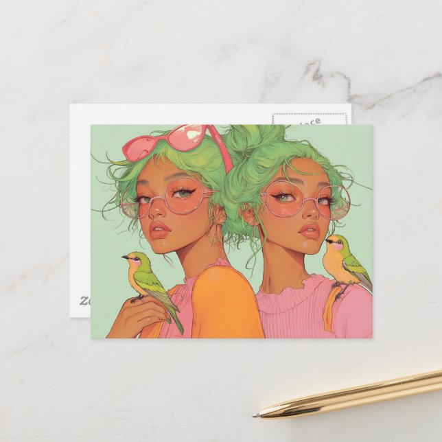 Launen Mädchen mit Vögeln Postkarte (Vorderseite/Rückseite Beispiel)