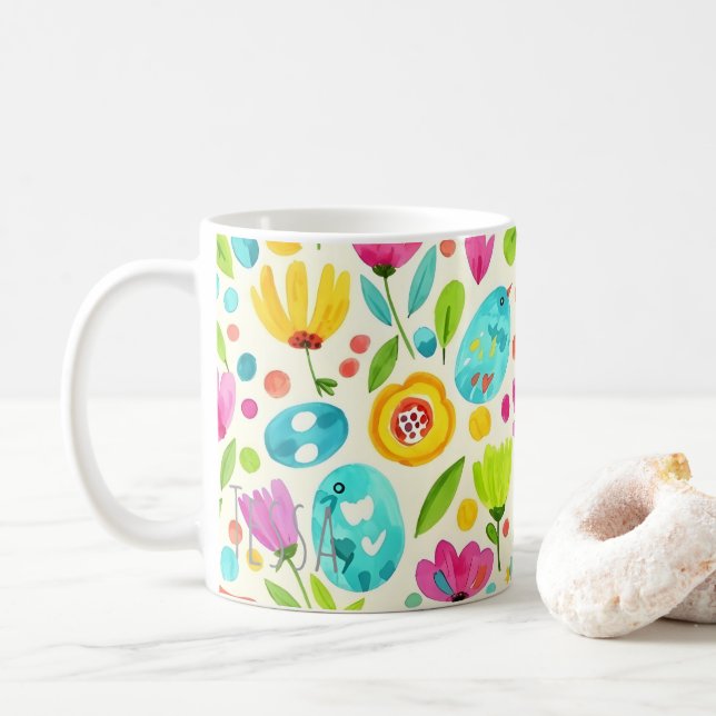 Launenhafte Frühlingsliedervögel und florale Volks Kaffeetasse (Mit Donut)