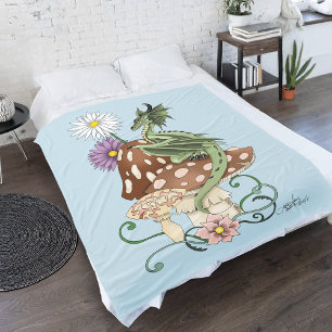 Launenhafte Grüne Fantasie Drache Pilz Blumen Fleecedecke