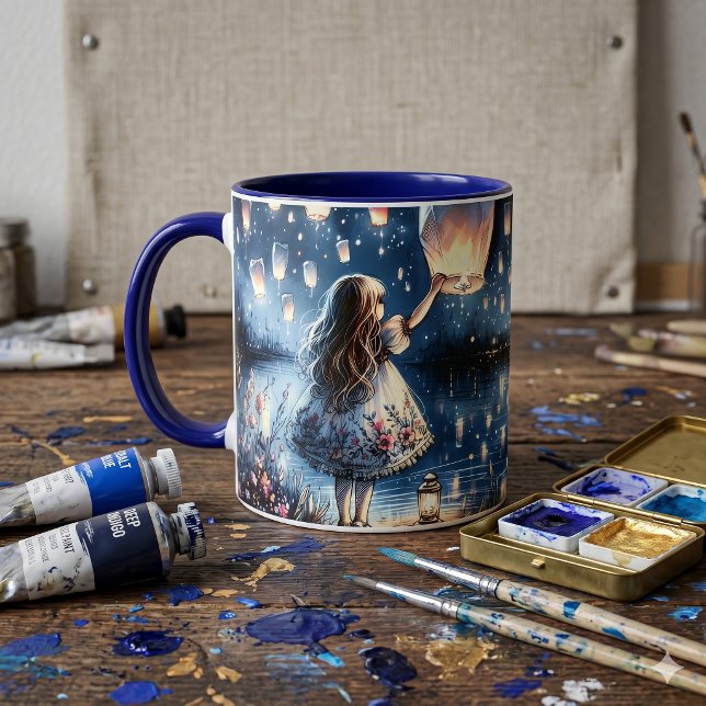 Launenhafte Himmelslaterne Seemädchen  Tasse (Whimsical Sky Lantern Lake Girl  Mug)