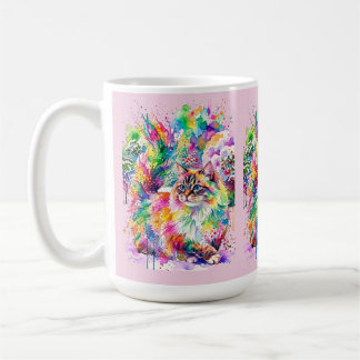 Launenhafte Regenbogen-Wasserfarben-Fluschkatze im Kaffeetasse