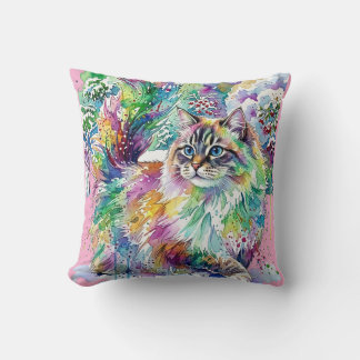 Launenhafte Regenbogen-Wasserfarben-Fluschkatze im Kissen
