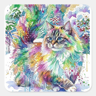 Launenhafte Regenbogen-Wasserfarben-Fluschkatze im Quadratischer Aufkleber