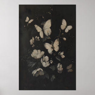 Launenhafte weiße Schmetterlinge und Blumen Dunkel Poster