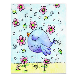 Launenhafter blauer Vogel und Blumen Fotodruck