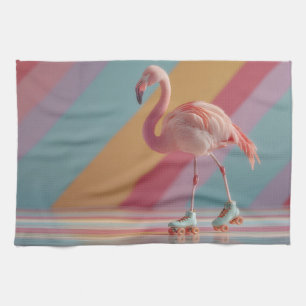 Launenhafter Rosa-Flamingo auf Rollschuhen Geschirrtuch