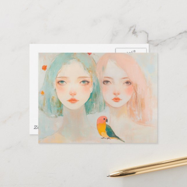 Launenmädchen mit einem süßen Vogel Postkarte (Vorderseite/Rückseite Beispiel)