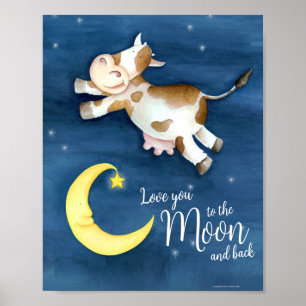 Launige Aquarellkunst: Kuh springt über den Mond Poster