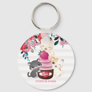 Launige Blumen-Cartoon-Katzen-Erdbeer-Cupcake Schlüsselanhänger