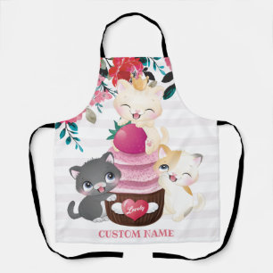 Launige Blumen-Cartoon-Katzen-Erdbeer-Cupcake Schürze