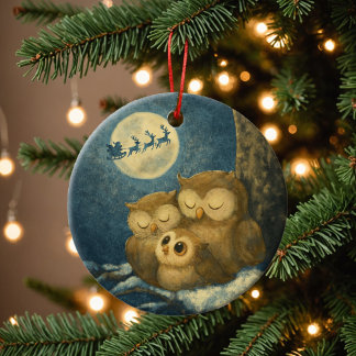 Launige Eulenfamilie Weihnachtsabend Kleines Eulen Keramik Ornament