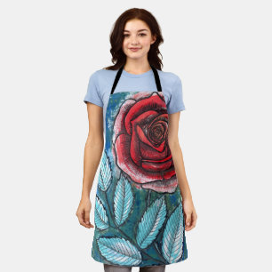 Launige expressionistische rote Rose Teal-Blätter Schürze