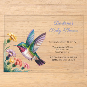 Launige Kolibri-Blumen-Baby-Party Acryleinladungen