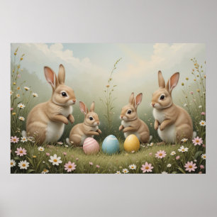 Launige Osterhasen auf der Wiese Rustikale Pastell Poster