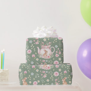 Launige Teekanne mit Häschen Frühlingsblumenmuster Geschenkpapier