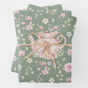 Launige Teekanne mit Häschen Frühlingsblumenmuster Geschenkpapier Set