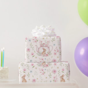 Launige Teekanne mit Hase und Blumen  Geschenkpapier