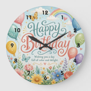 Launige Wasserfarbe Regenbogenballons Floral Große Wanduhr