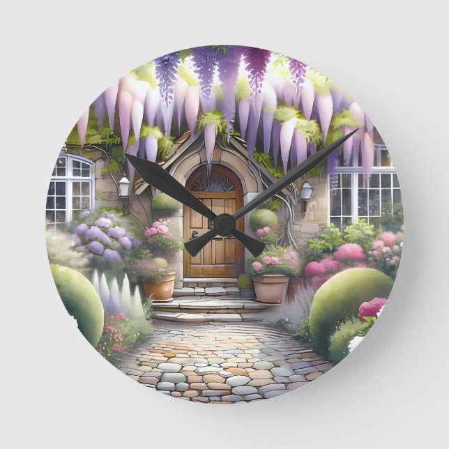 Launiger Cottage-Gartenweg Runde Wanduhr (Vorderseite)