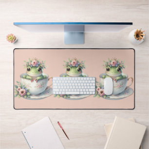 Launiger Frosch in floraler Teetasse Schreibtischunterlage