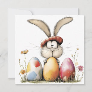 Launiger Hase und verzierte Ostereier Ostergruß Karte
