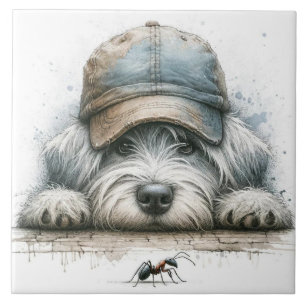 Launiger Hund, der eine Spinne ansieht Fliese