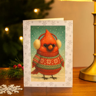 Launiger Kardinal mit Ohrenschützern Weihnachten Karte