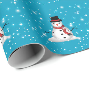 Launiger lächelnder Schneemann mit rotem Schal auf Geschenkpapier