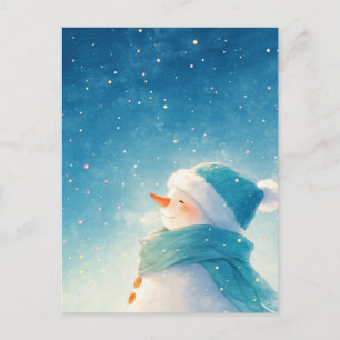 Launiger lächelnder Schneemann unter sternklarem H Postkarte