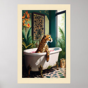 Launiger Leopard im Badewanne-Kunst-Wasserfarbdruc Poster