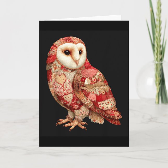 Launiger Patchwork-Eule mit Herzen Muster  Karte (Vorderseite)